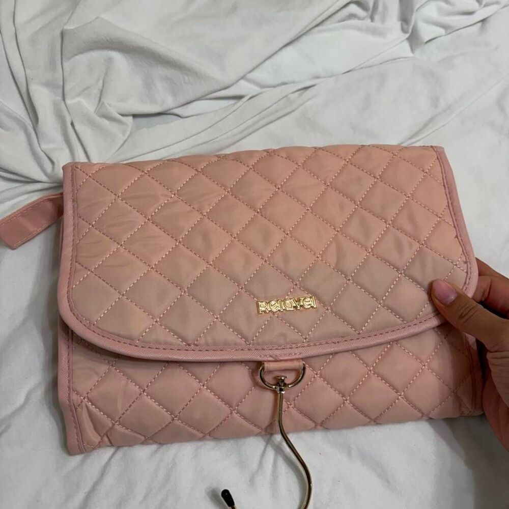 AMAZON Pink Quilted Jewelry Bag Gold Travel Cosmetic Makeup Organizer Pouch Case